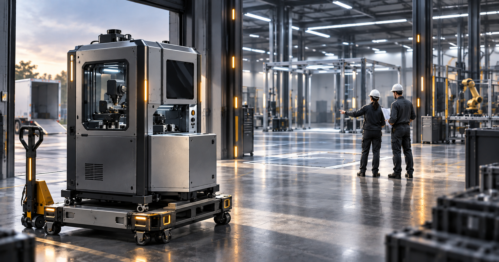 Concept render of precision industrial equipment at a modern factory entrance while two engineers plan an installation bay, with cool lighting and amber accents.