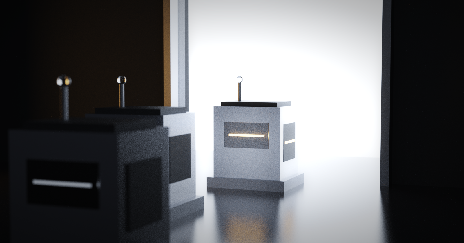 Concept render of a titanium hardware unit with an amber status light standing at a brightly lit bay door, while identical units wait in the darker building behind it.