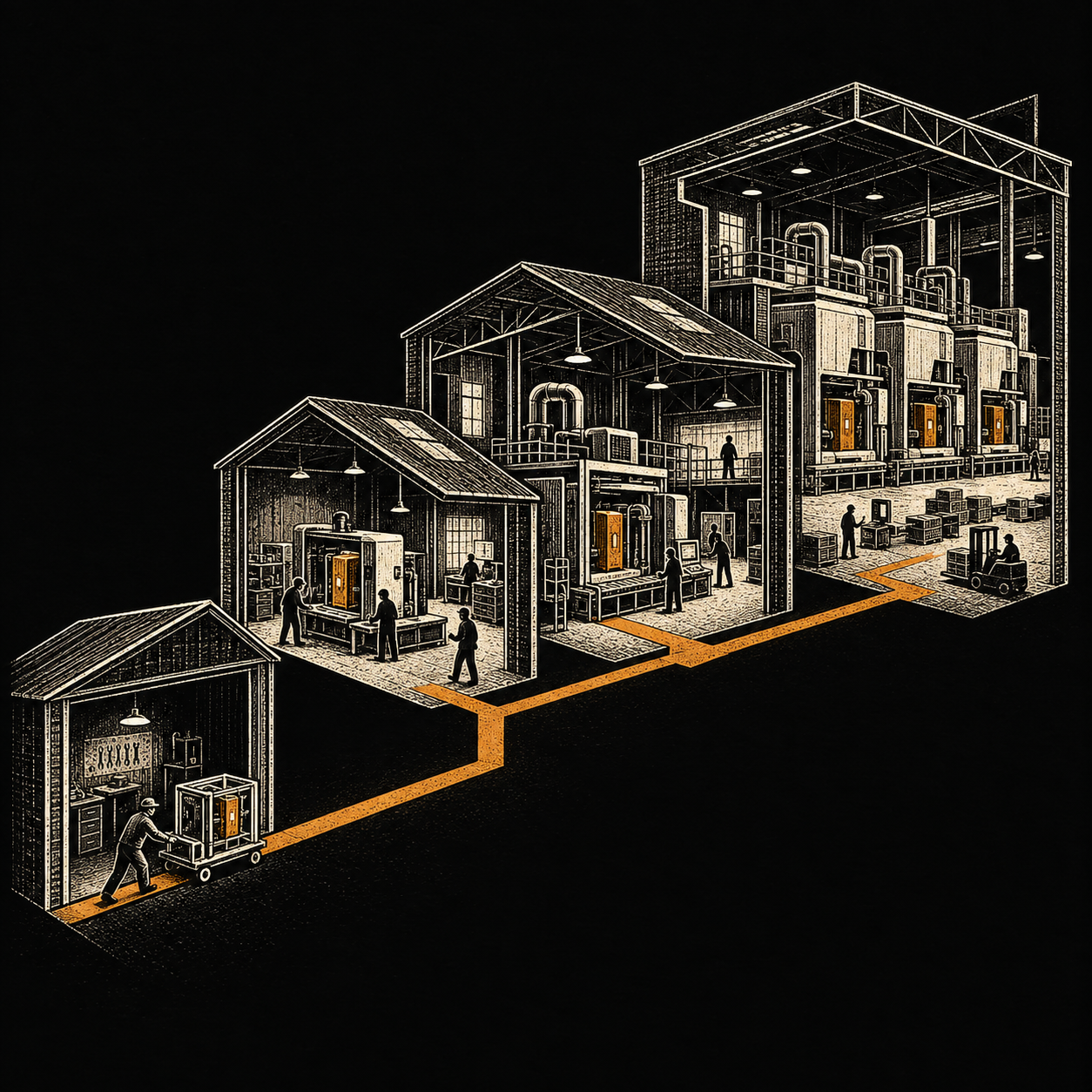 Etched blueprint illustration for Pilot to Production